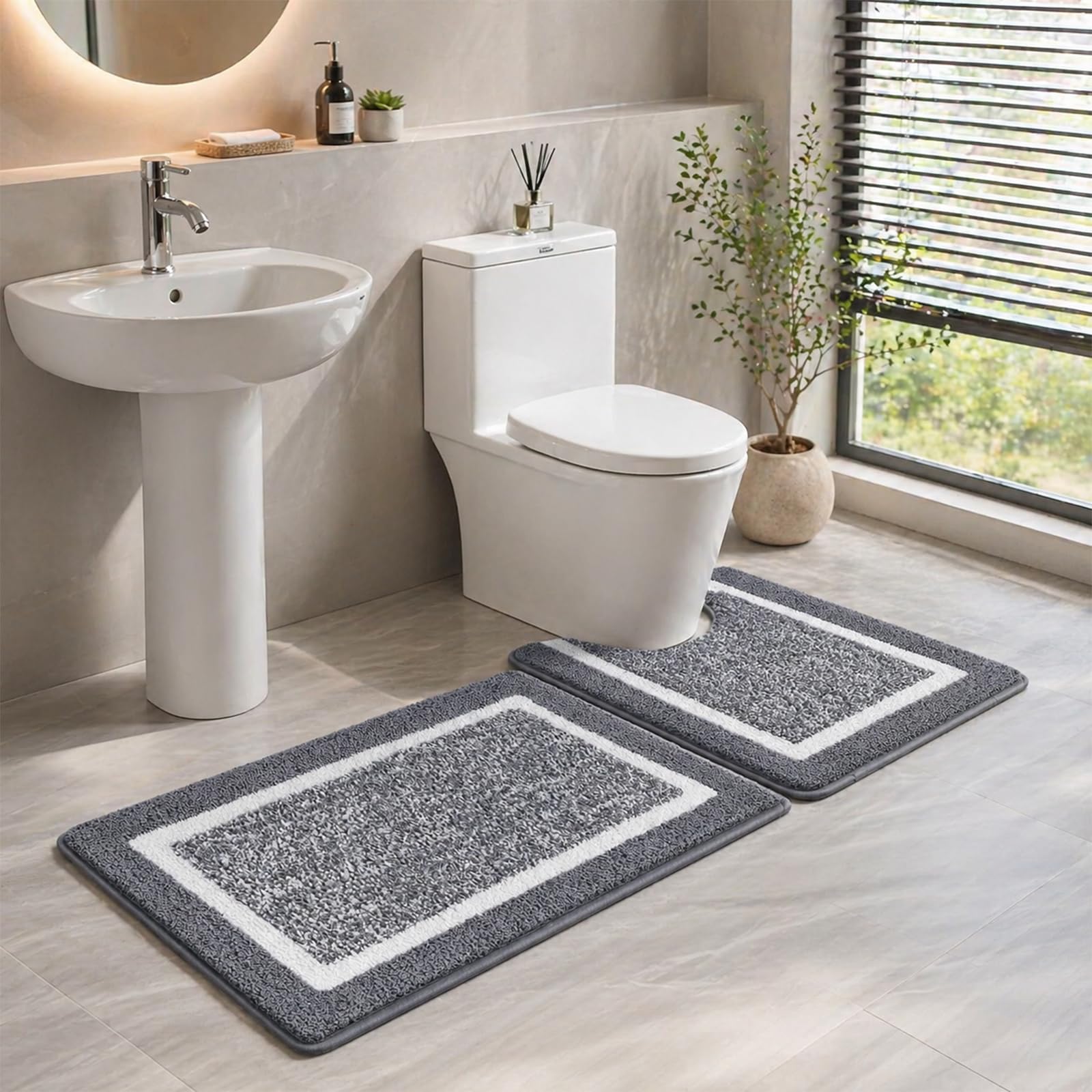 SHACOS Microfiber Bath Mat Set, Bathroom Mat Fluffy Shaggy Soft, Non-Slip Bathroom Rug, Super Absorbent Quick Drying, Machine Washable, 2 Piece with U-Shaped Toilet, Grey, 45x65cm+U50x60cm
