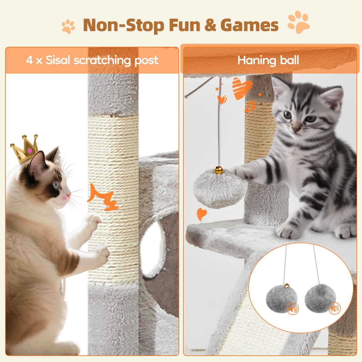 Taoqimiao Arbre a Chat, 97cm Arbre à Chat Stable avec 4 Griffoirs, Condos Spacieux pour Chats, Plateforme Souple, Panier pour Matou, Gris Clair MS029SW