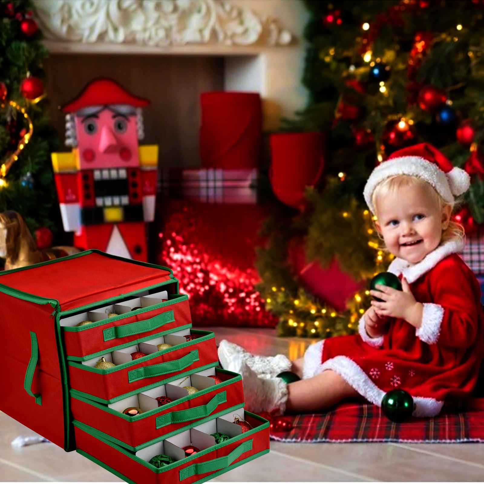 VITEVER Aufbewahrungsbox für Weihnachtskugeln mit Verstellbaren Trennwänden, Aufbewahrungstasche Weihnachten mit 4 Ebenen, Abnehmbar mit Griffen, 64 Kugel-Aufbewahrungsbeutel, 32x32,5x33cm