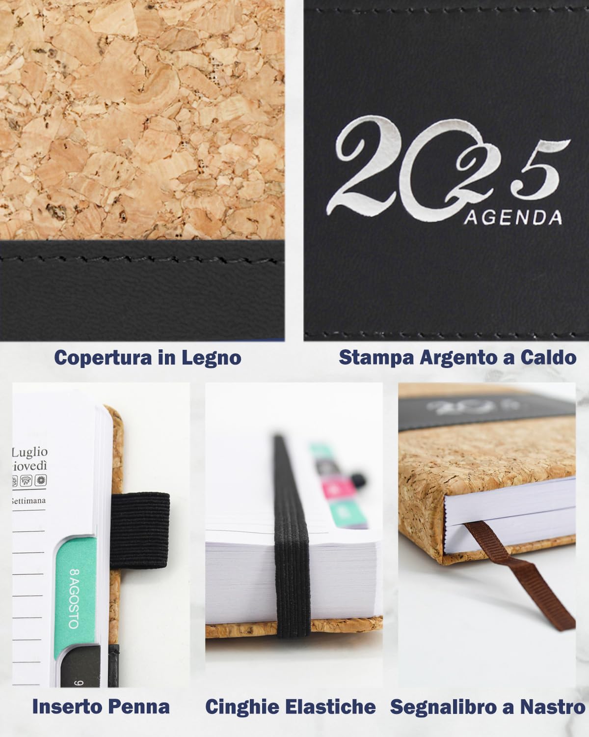HW CASA Agenda 2025 Giornaliera Taccuino,Formato A5,200 Pagine,Copertina in rilievo con venature del legno,portapenne con cinturino elastico,design a pagina singola ed etichette mensili colorate,Nero