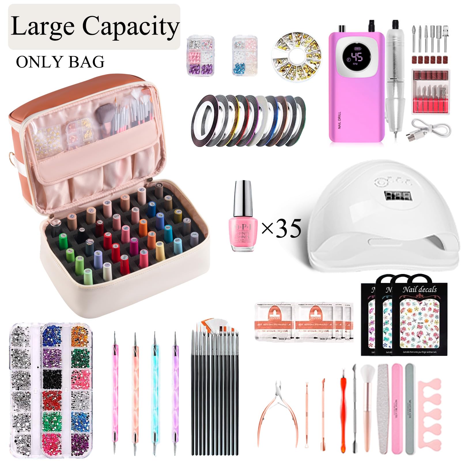 Nail Polish Organizer Holds 30 Bottles (15ml) and 1 Nail Light Nail Polish Carrying Case with Storage Pockets for Manicure Tools Double Layer Nail Storage Travel Bag with Handle (): Brown+Beige (35Bottles）
