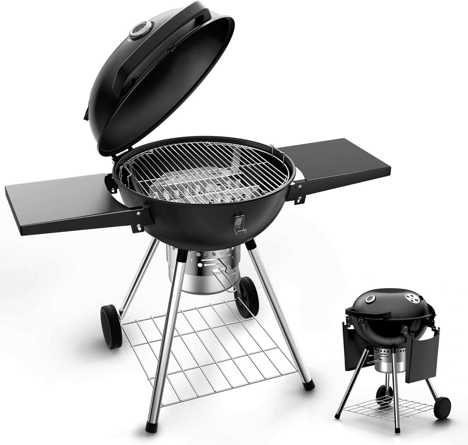 22 inch Charcoal Grills with Table, Portable BBQ Grill for Outdoor Camping, Barbecue Grill with Cover, Ash Catcher, and 2 Charcoal Boxes, 2 Wheeled Kettle Grill for Outdoor Cooking Family Party