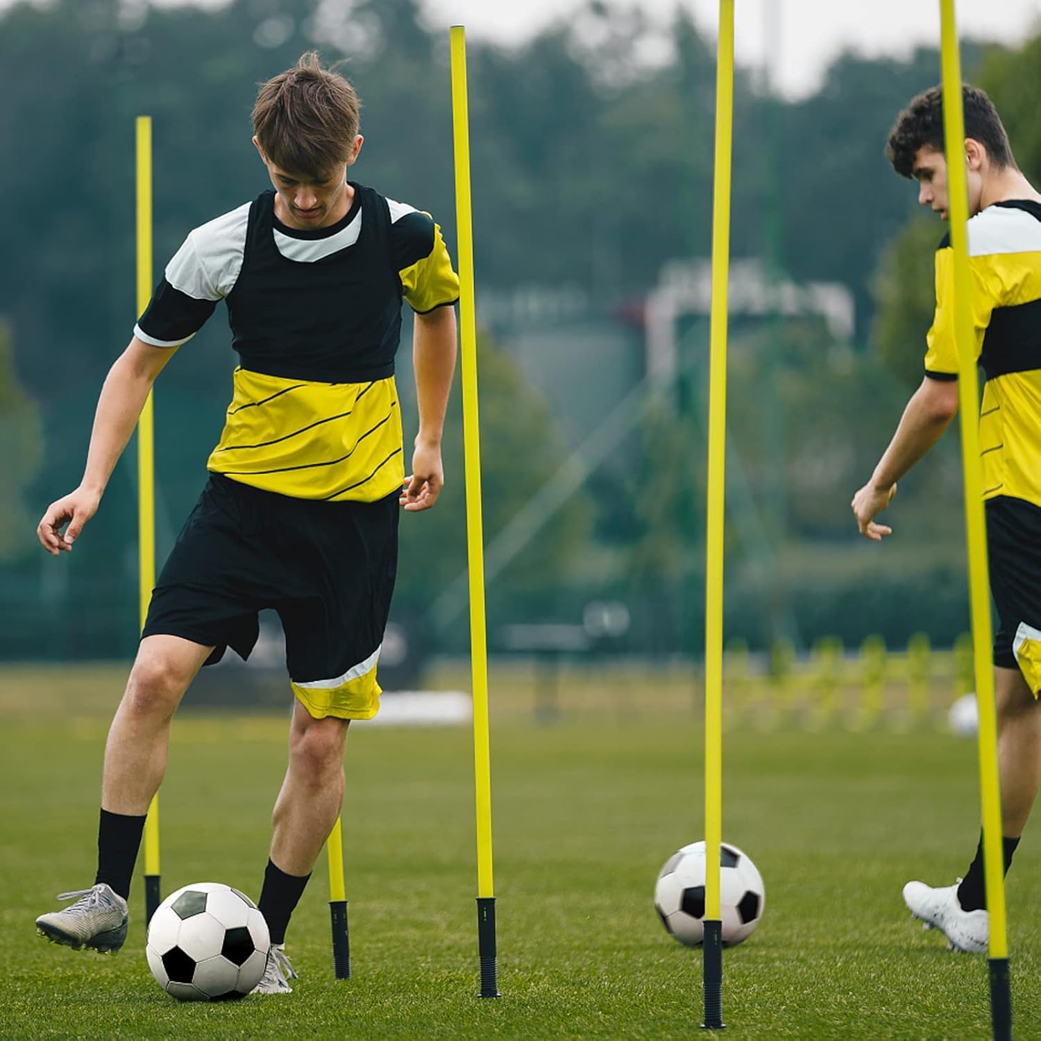 HENGMEI Slalomstangen Set aus 6 Slalom Stangen Fussball Trainingszubehör Hürdenstangen Agility Stangen Set Für Hunde Trainingsstangen mit Erdspieß und Tragetasche