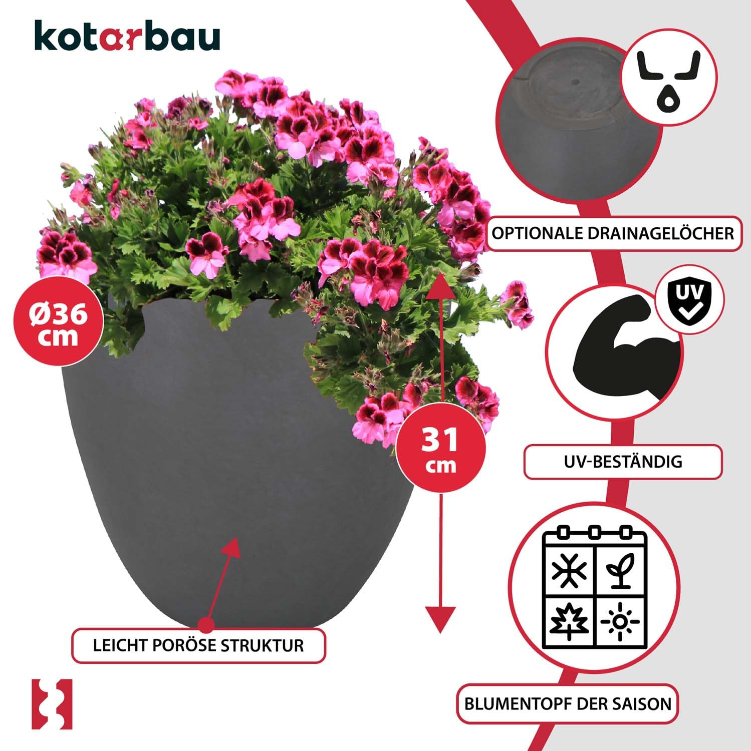 KOTARBAU® Macetero Decorativo Interior, Maceta Ø 36 cm, Fibreclay | Maceta Orquidea, Maceta de Pie, Macetero con Efecto Hormigón, Tiestos para Plantas Interior, 31 cm de Alto, Gris