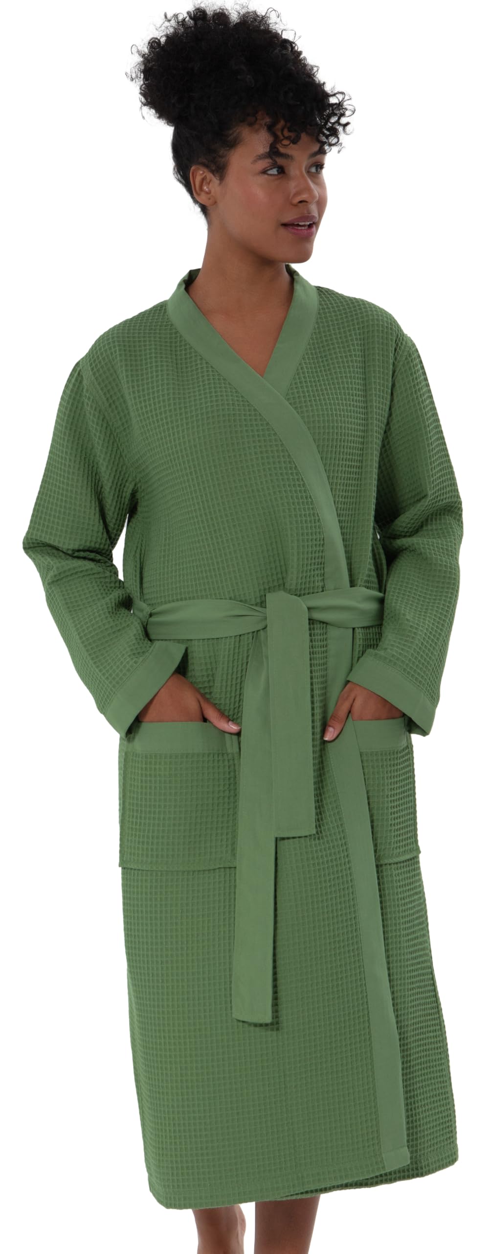 SEYANTE Women's Organic Cotton Waffle Kimono, Hooded Robe – GOTS Certified Lightweight Full-Length Spa Bathrobe with Piping