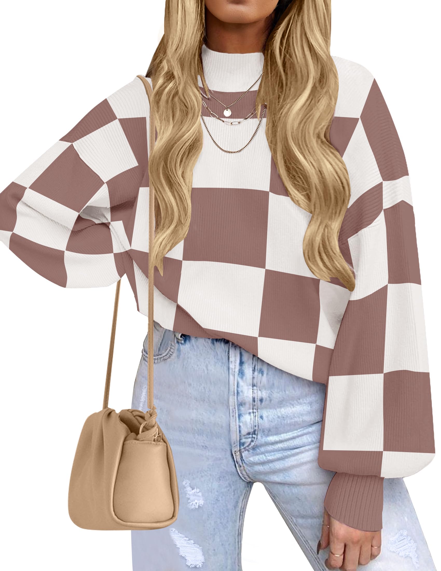 ZESICA Women's 2026 Fall Striped Pullover Sweaters Tops Fashion Outfits | Checkered, Mock Neck, Oversized, Trendy Casual Loose Fit, Cute, Chunky Cozy Holiday Winter Clothes