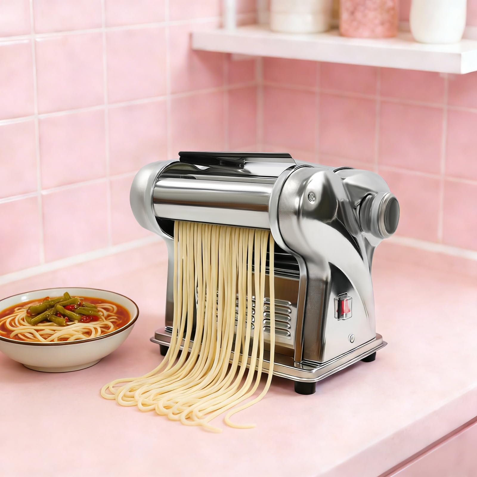 Elektrische Nudelmaschine 135W Edelstahl mit 8 Dickenstufen, 2 Klingen | 1,5 & 4mm Klingen, 8 Dickenstufen 0,5-4mm, verbesserte Motorabdeckung, 4 rutschfeste Füsse, für hausgemachte Pasta