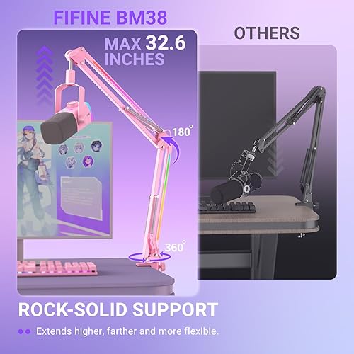 Vista 3 de FIFINE Brazo de brazo de micrófono, soporte de brazo de micrófono ajustable de metal con botón RGB, adaptador de tornillo de 3/8 a 5/8 pulgadas