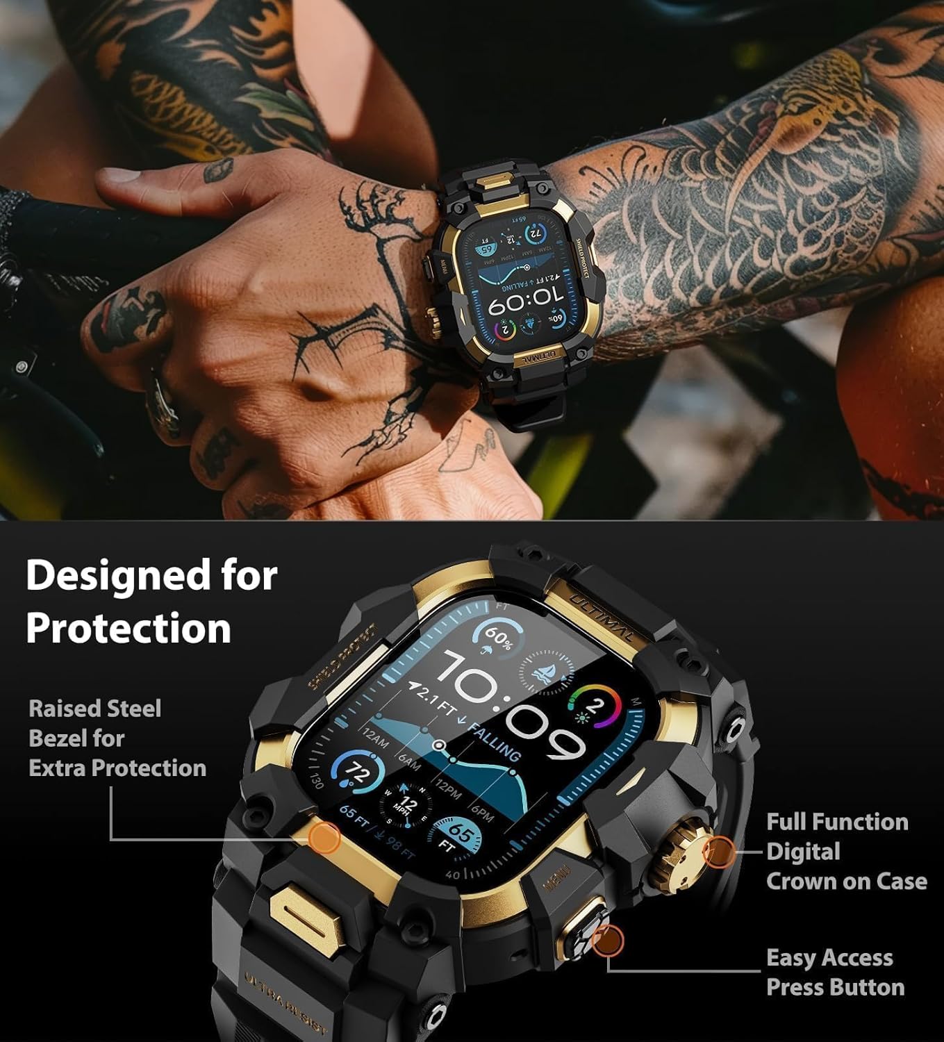 ULTIMAL Rugged Case with Band for Apple Watch 49mm,Compatible with Apple Watch Ultra 3/2/1, Military Grade Shockproof Bumper Cover for iWatch Tactical Band Men (49mm,Gold) - Image 3
