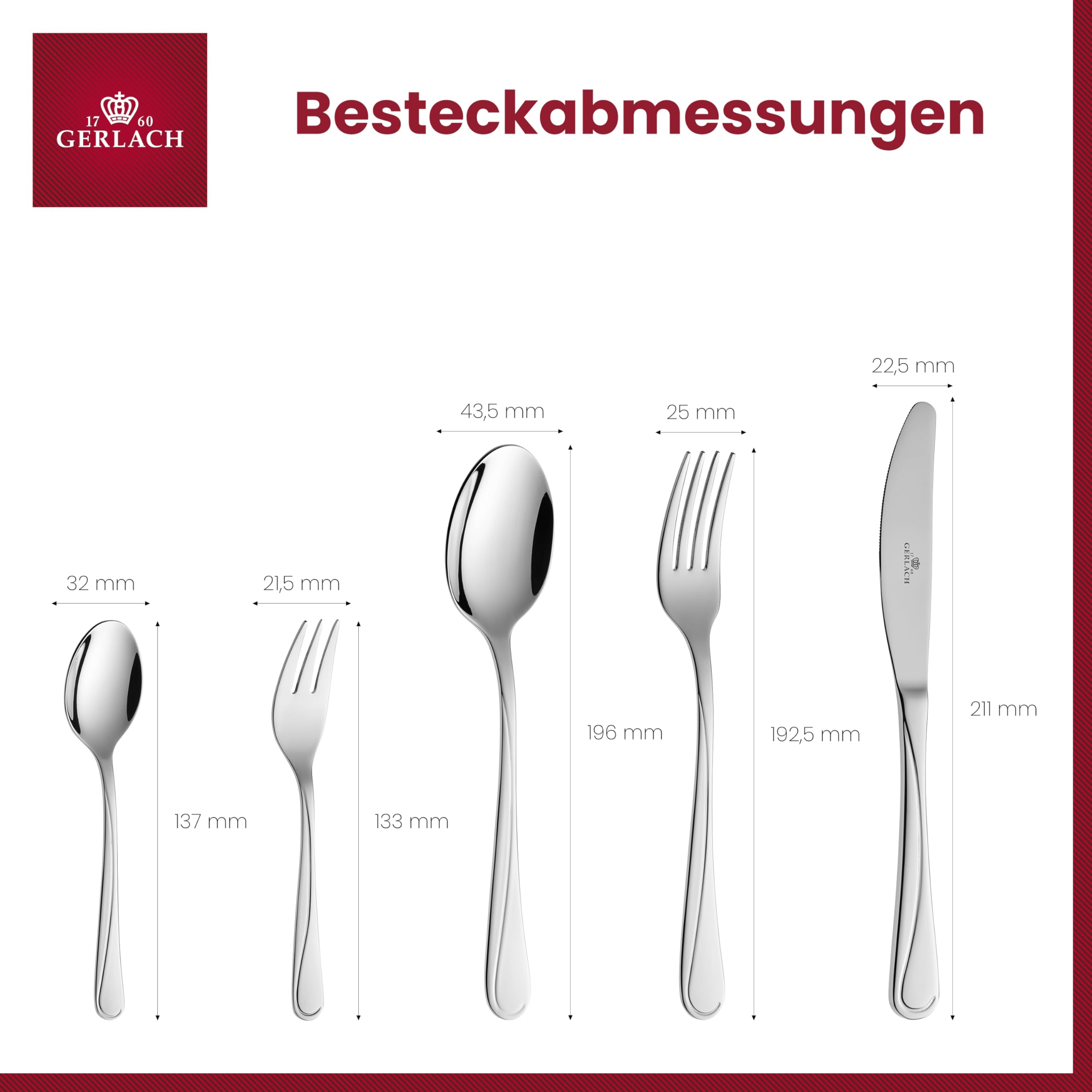 Gerlach 1760 Besteck Set Edelstahl 6 Personen 30 Teilig Besteckset Spülmaschinengeeignet Rostfrei Messer Gabel Löffel Glänzend Essbesteck Mango, Silber