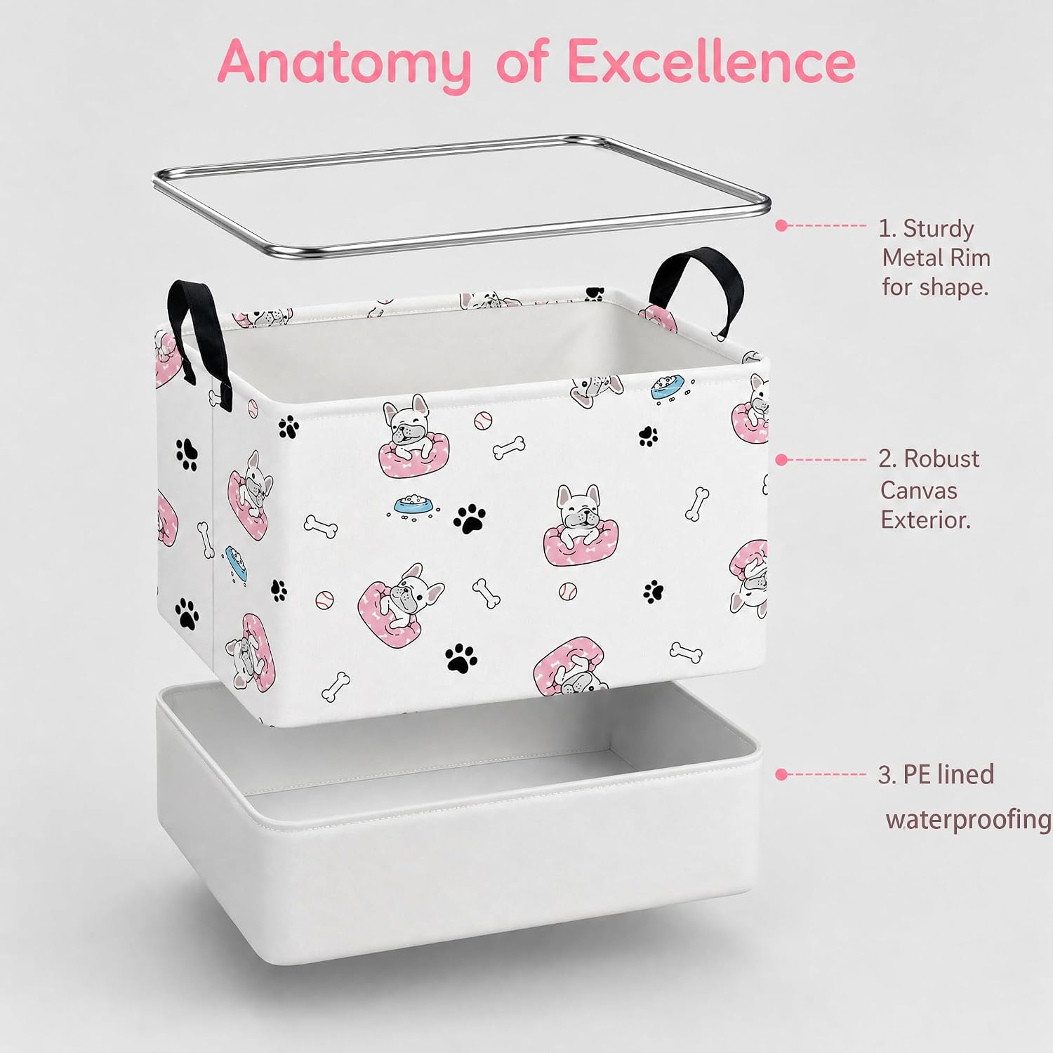 Large Dog Toy Basket Puppy Box Storage Bin (Pink Black) | Holder French Bulldog Stuff Organizer, Room Decor Gifts