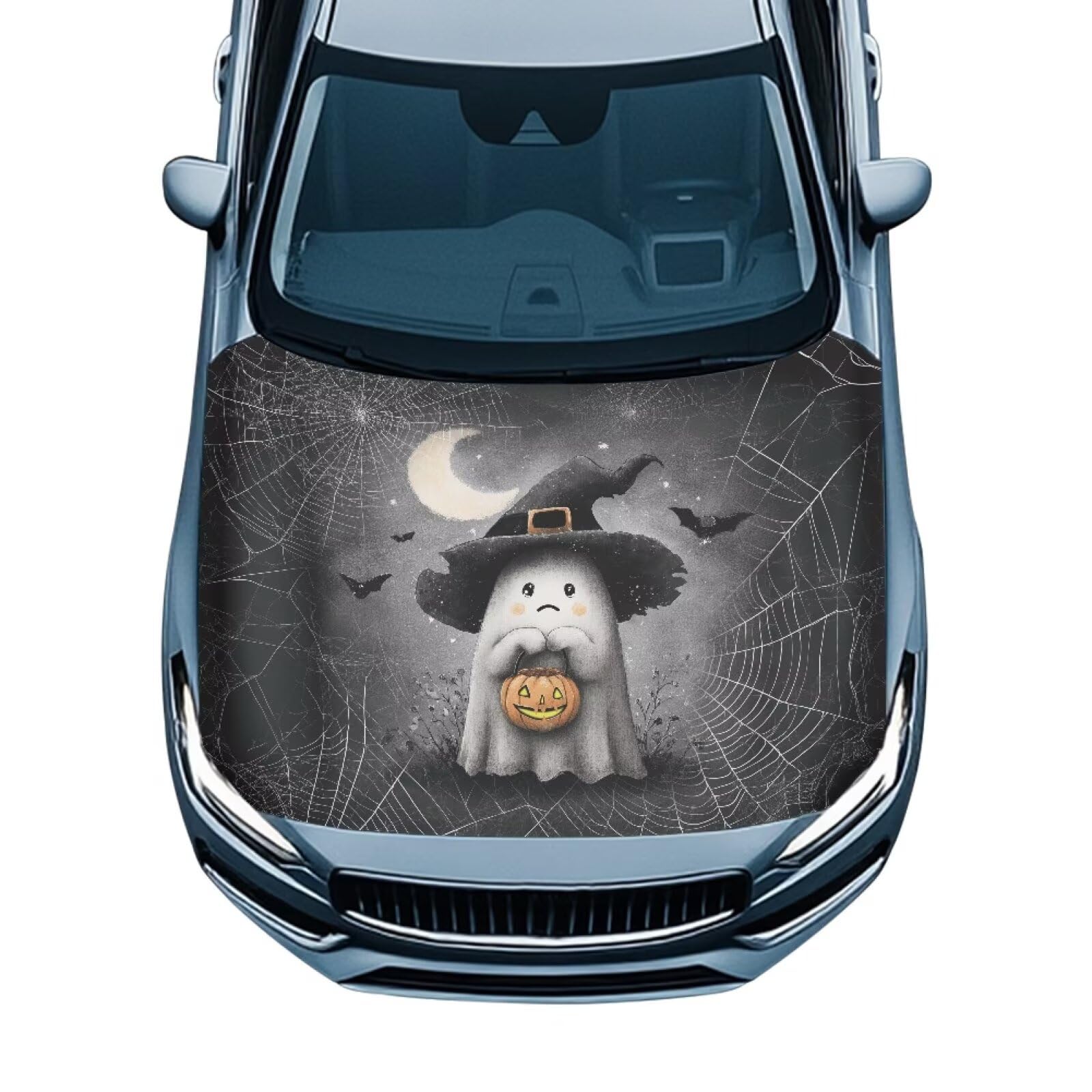 Halloween Cute Ghost Car Hood Cover Polyester Elastic Fabrics Can be Washed Suitable for SUV Trucks Universal for Cars