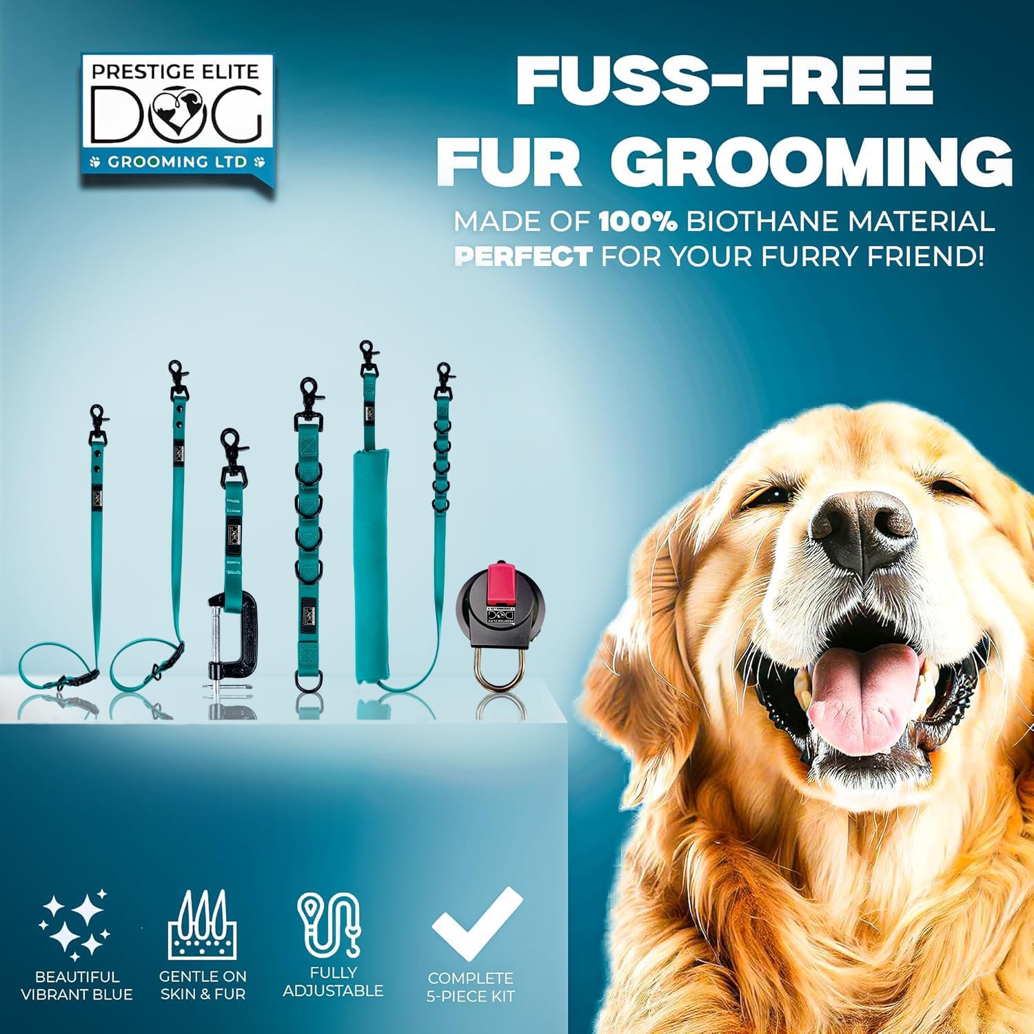 Prestige Elite - Set of 6 - Groomers Helper, Grooming Loops for Dogs Groomers - Adjustable Biothane Dog Grooming Belly Band, Grooming Noose, Extension Strap, Suction Cup & Dog Grooming Loop