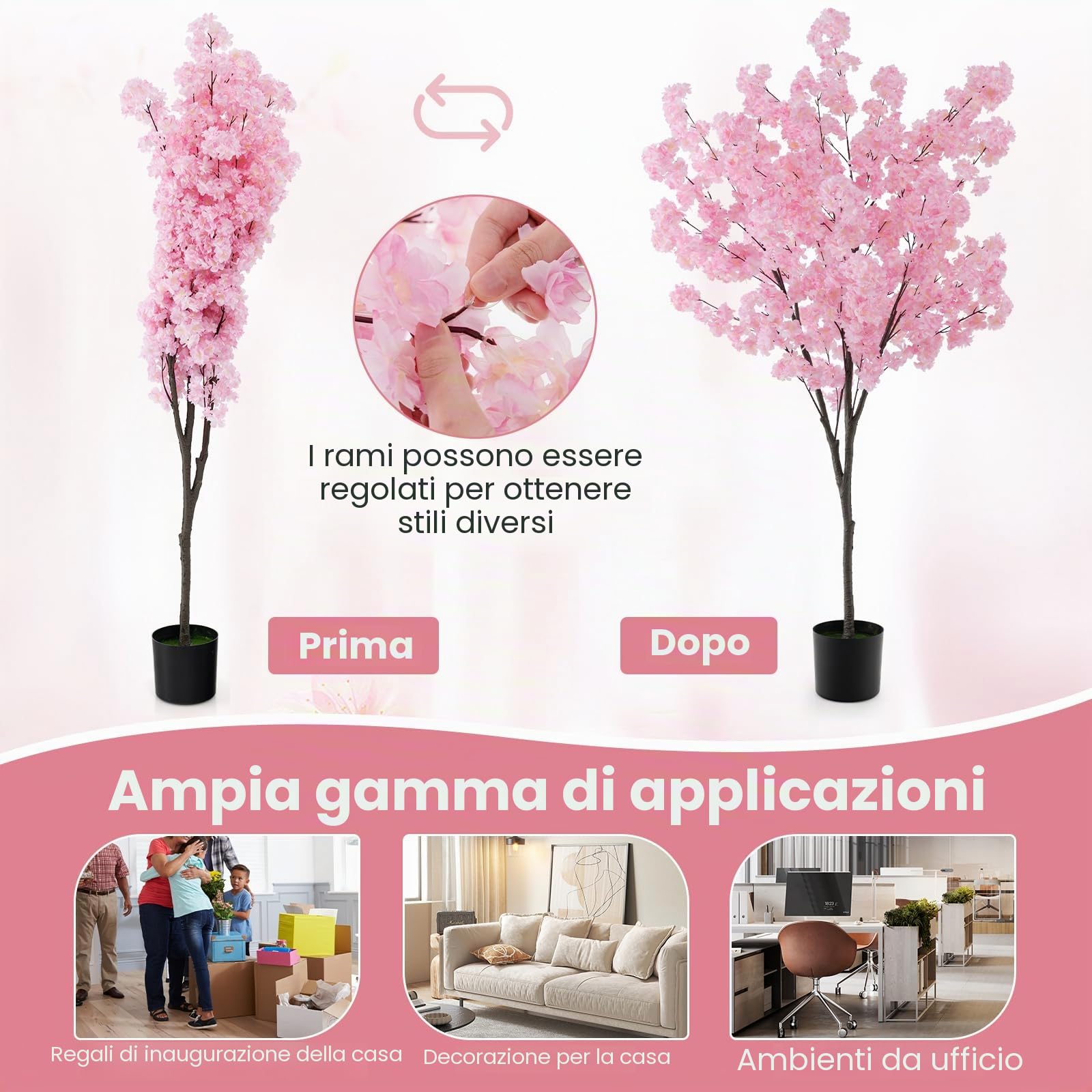 GIANTEX Albero di ciliegio artificiale alto 190 cm con 1170 fiori rosa, Meceta pieno di cemento, pianta decorativa interna per festa di matrimonio, ingresso, soggiorno