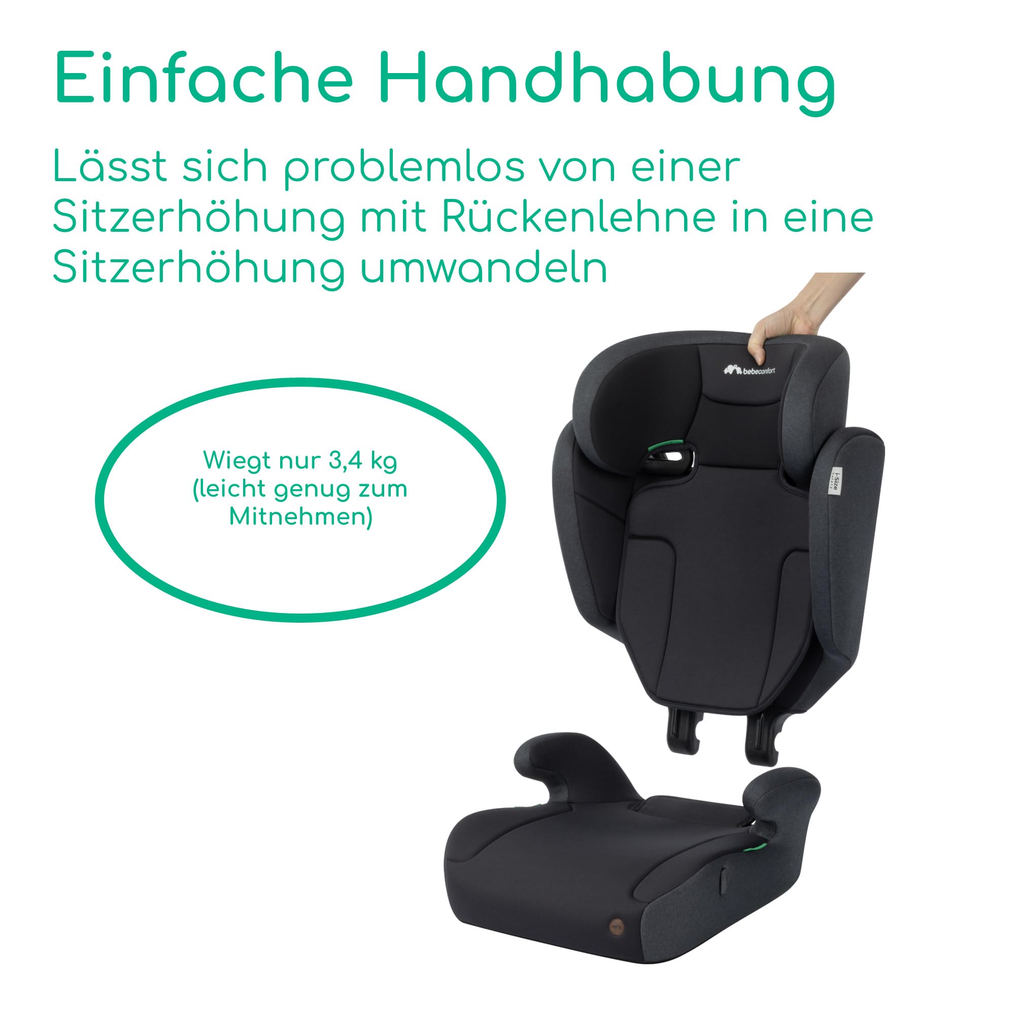 Bebeconfort Ride 2-in-1 i-Safe Kindersitz, 3,5-12 Jahre (100-150 cm), Kindersitz mit Gurt, Abnehmbare Rückenlehne, Leicht (3,4 kg), 11 Kopfstützpositionen, Becherhalter, Full Black