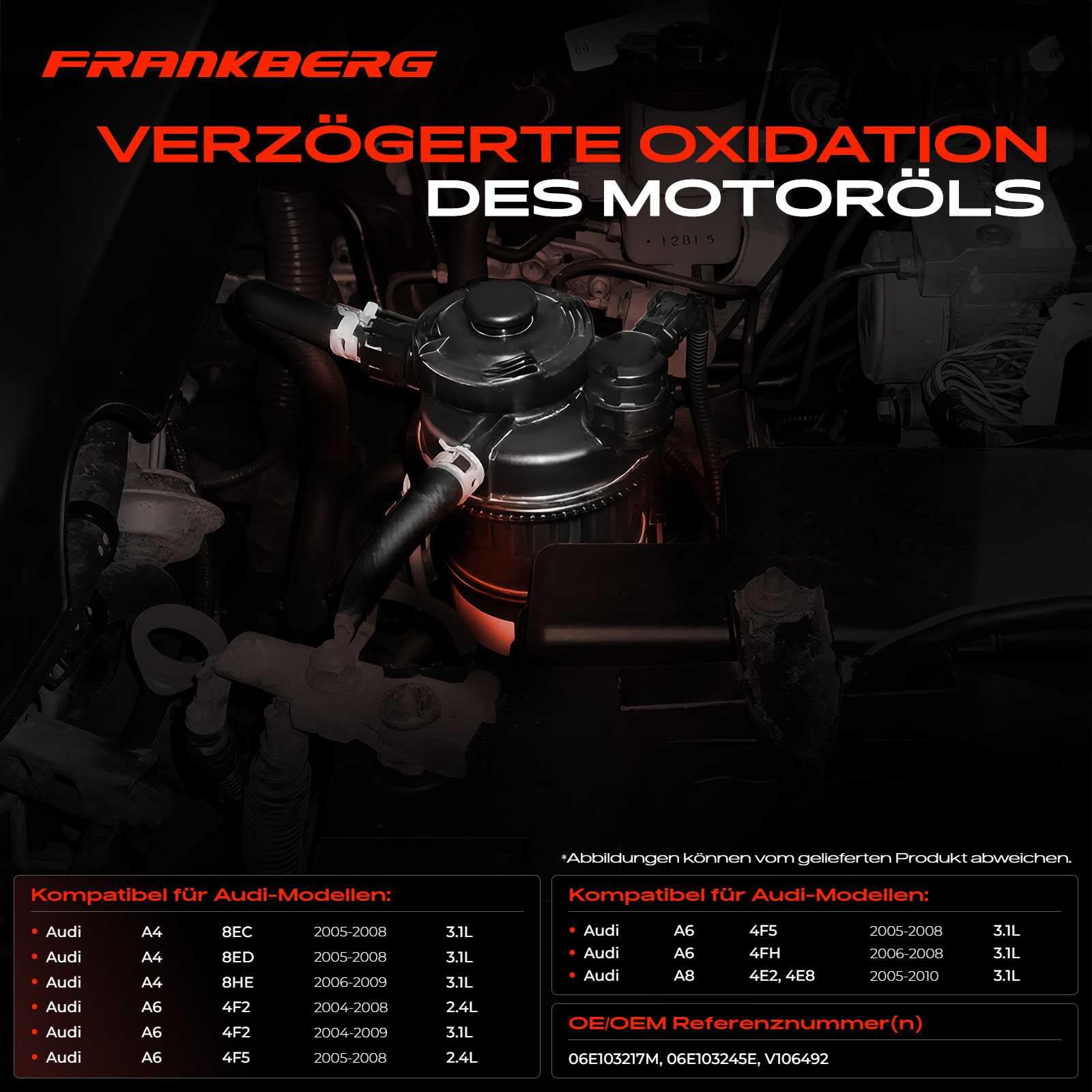 Frankberg Ventil Kurbelgehäuseentlüftung Zylinderkopf Kompatibel mit A4 8EC A4 Avant 8ED A4 Cabriolet 8HE A6 4F2 A6 Allroad 4FH A6 Avant 4F5 A8 4E2 4E8 Replace# 06E103245E