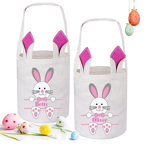Miniatura 12 de Cesta de Pascua personalizada para niños, paquete de 2 cestas de Pascua con asa, huevos de Pascua, cestas de conejito para bebés, niñas, cesta