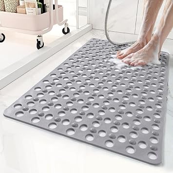 Non Slip Bathtub Mat and Shower Mat 31x17 inch,Bath Mat with Quick Dry Drain Holes and Suction Cups, Soft Comfortable Safe Bathroom Mat for Bath Tub, Floor, Tile Grey