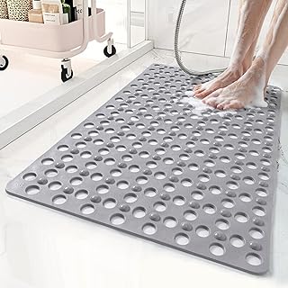 Non Slip Bathtub Mat and Shower Mat 31x17 inch,Bath Mat with Quick Dry Drain Holes and Suction Cups, Soft Comfortable Safe Bathroom Mat for Bath Tub, Floor, Tile (Grey)