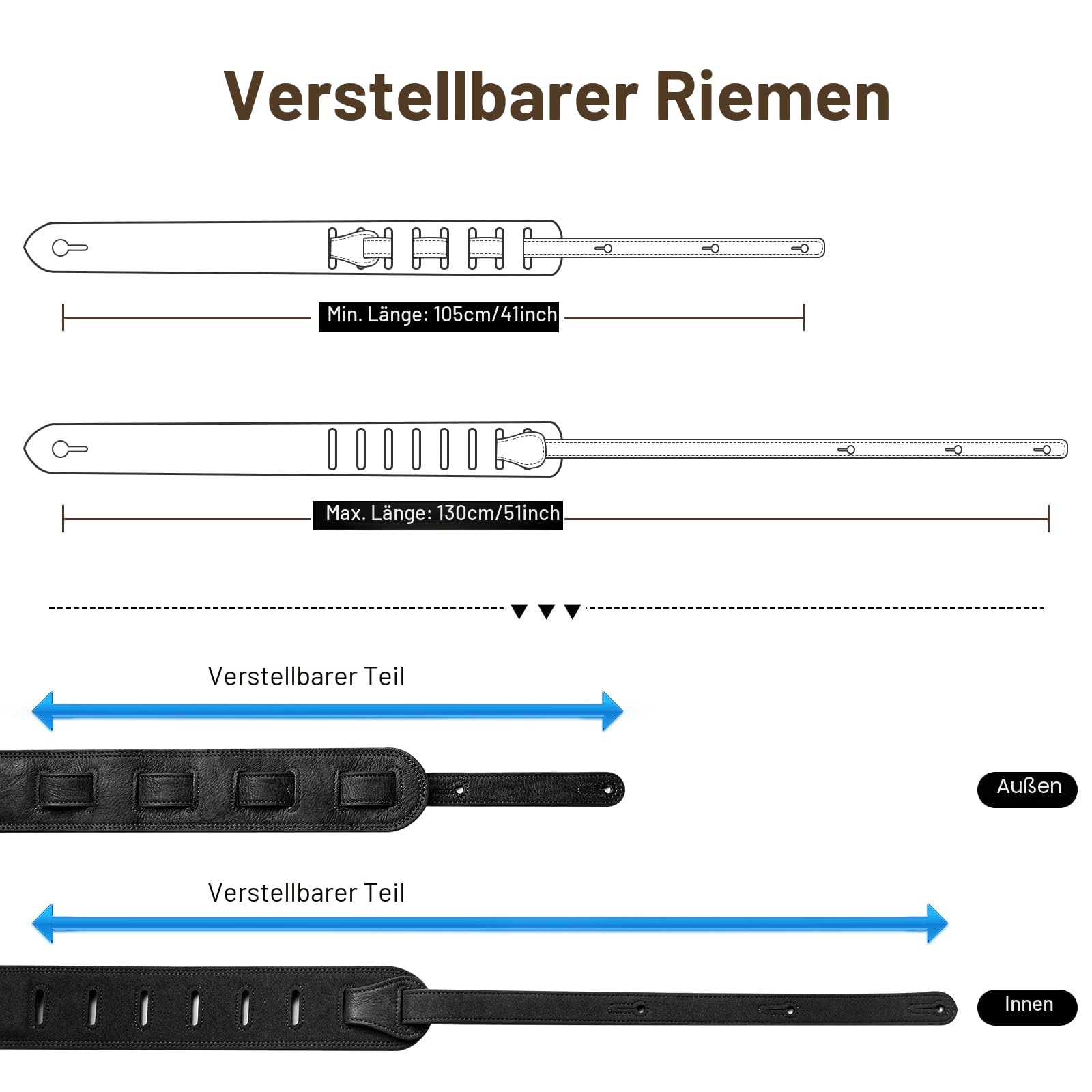 LEKATO Gitarrengurt aus Leder mit dicker Schaumstoffpolsterung, breiter Bassgitarrengurt für Bass, E-Gitarre, Akustikgitarre, klassische Gitarre, verstellbarer Ledergurt, Länge von 41" bis 51"