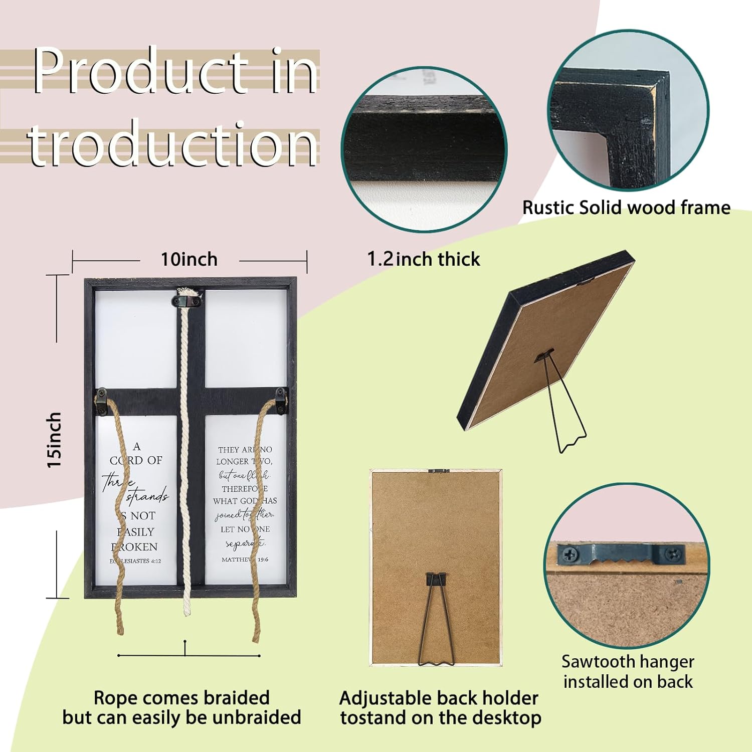 A Cord of Three Strands Wedding Sign 15"X10" Three Strands Braid Wall Decor Anniversary Religious Gifts for Couple Cross to Braid or Tie God's Knot, Symbolic of Unity (Black)