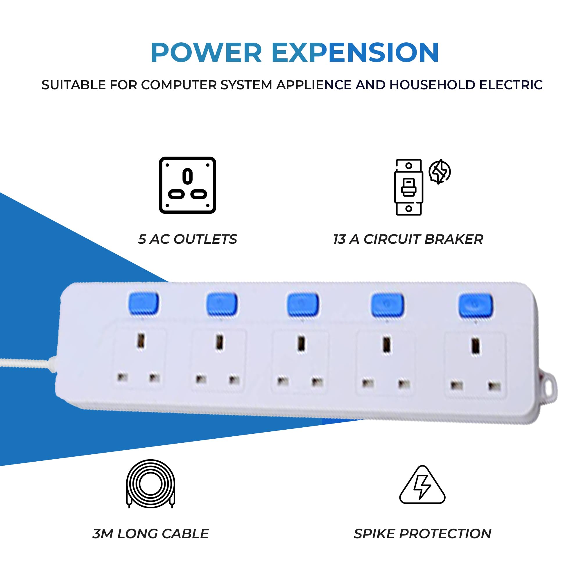 Extension Lead with 5 Universal Socket, White - Image 3
