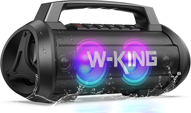 W-KING Haut-parleur Bluetooth Loud, 120W Haut-parleur portable Bluetooth Wireless Party Boombox avec 2* Subwoofer/70W Basse profonde, lumières/IPX6/42H/DSP/EQ/BT5.4/USB/TF/AUX, 110dB Haut Parleur Stereo Sound