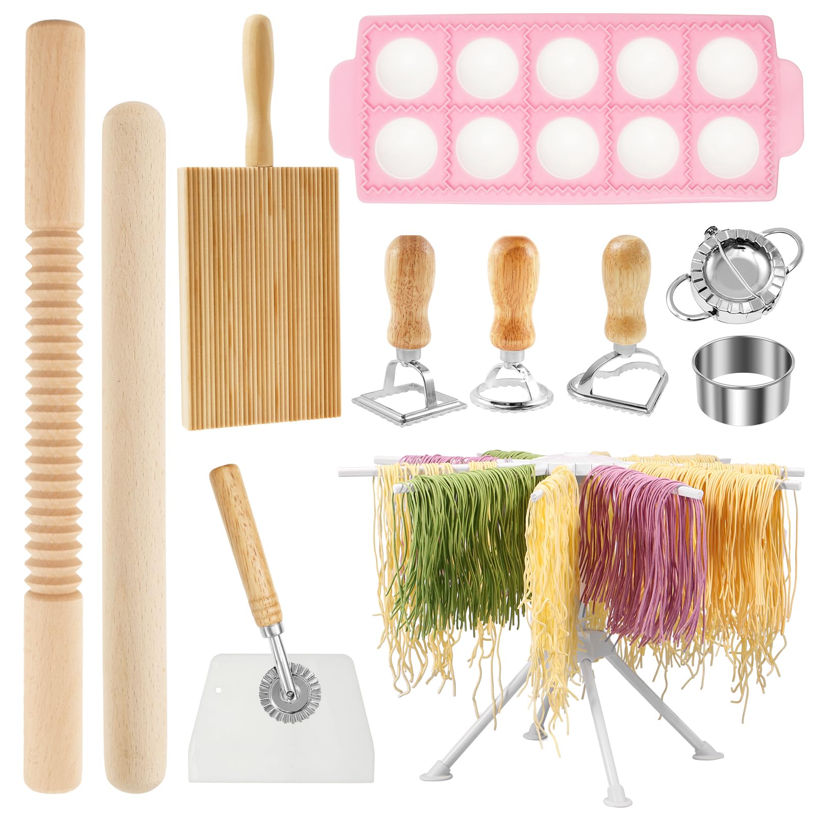 ZJRDYYK 12 Pcs Pasta Making Tools Set with Collapsible Pasta Drying Rack, Gnocchi Board, Dough Scraper, Ravioli Cutter Wheel, Pasta Ravioli Cutter, Dumpling Makers, Rolling Pins