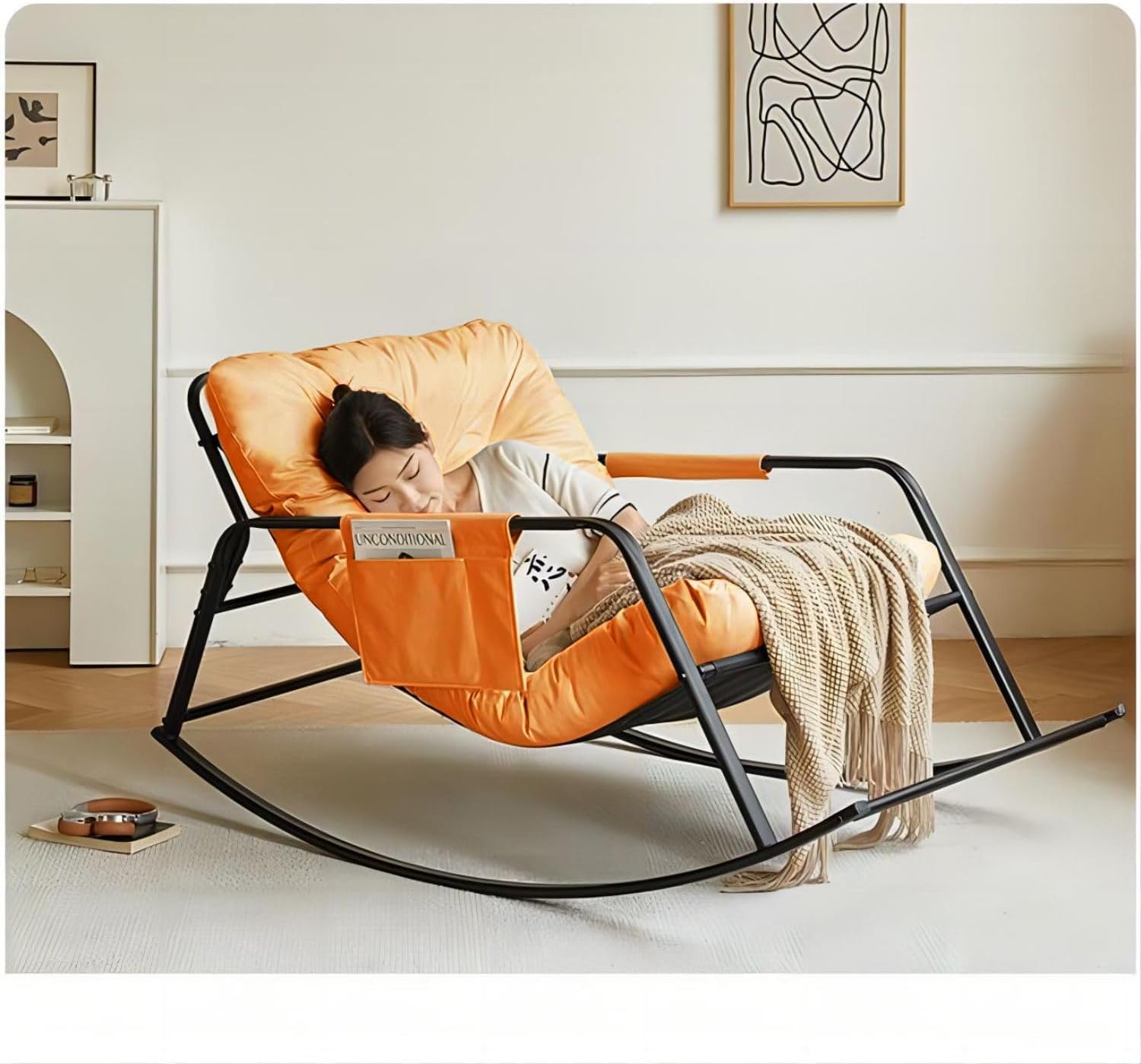 COOLBABY Double Living Room Recliner Outdoor Rocking Chair Lawn Camping Chair Adult Chair with Seat Cushion Side Storage Bag Suitable for Lawn, Backyard, Indoor, Garden (Orange)