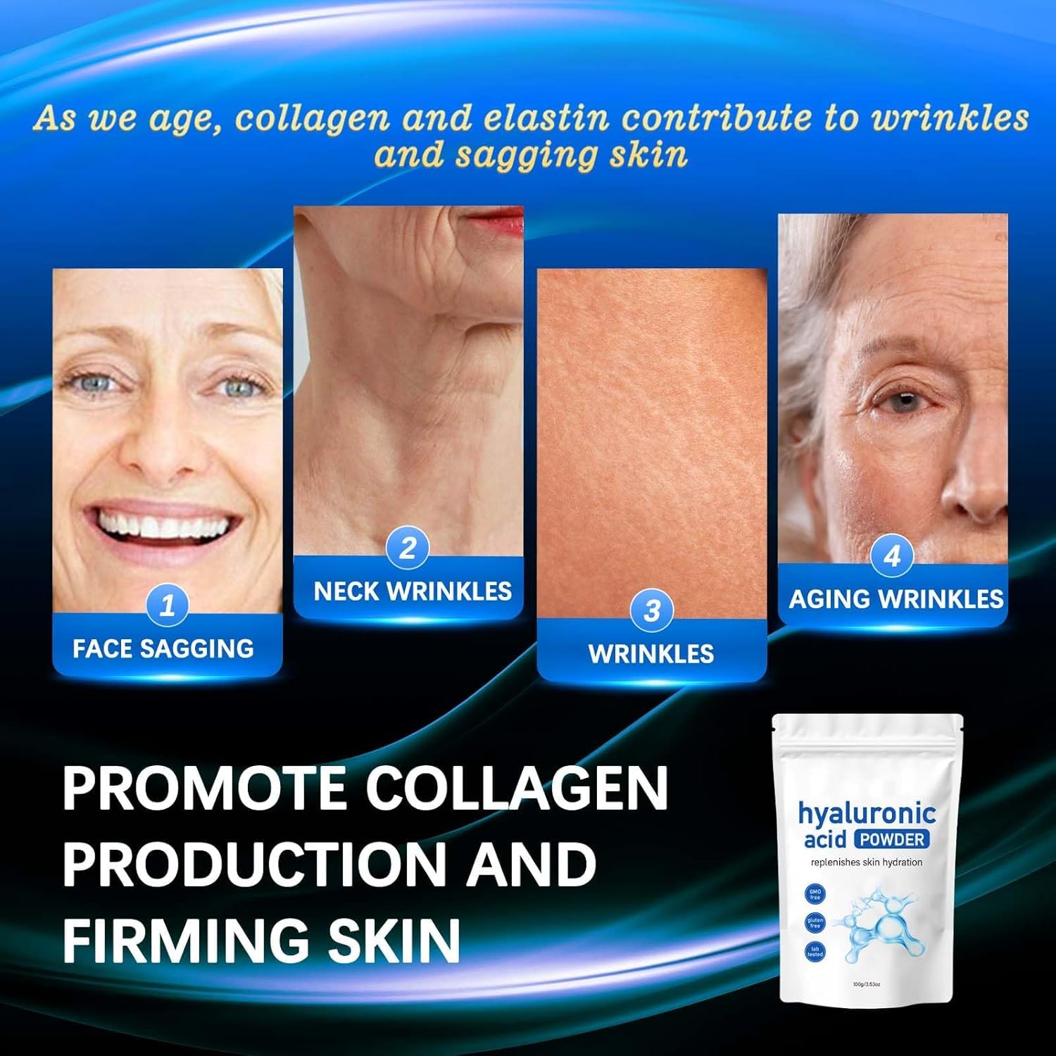 Polvo de ácido hialurónico, polvo de ácido hialurónico premium, polvo de ácido hialurónico para el cuidado de la piel, suero facial antienvejecimiento, hidratación instantánea para pieles secas y