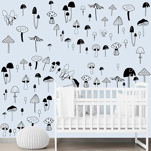Miniatura 2 de 96 calcomanías de pared de hongos, bonitas calcomanías de pared de hongos, color negro, removibles, para niños, guardería, habitación, escuela,