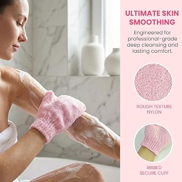 2pcs Exfoliating Gloves, Exfoliating Wash Gloves, Shower Scrub Gloves Away Ingrown Hair and Dead Skin for Shower, Spa, Massage and Dead Skin Cell Remover Loofah - Pink