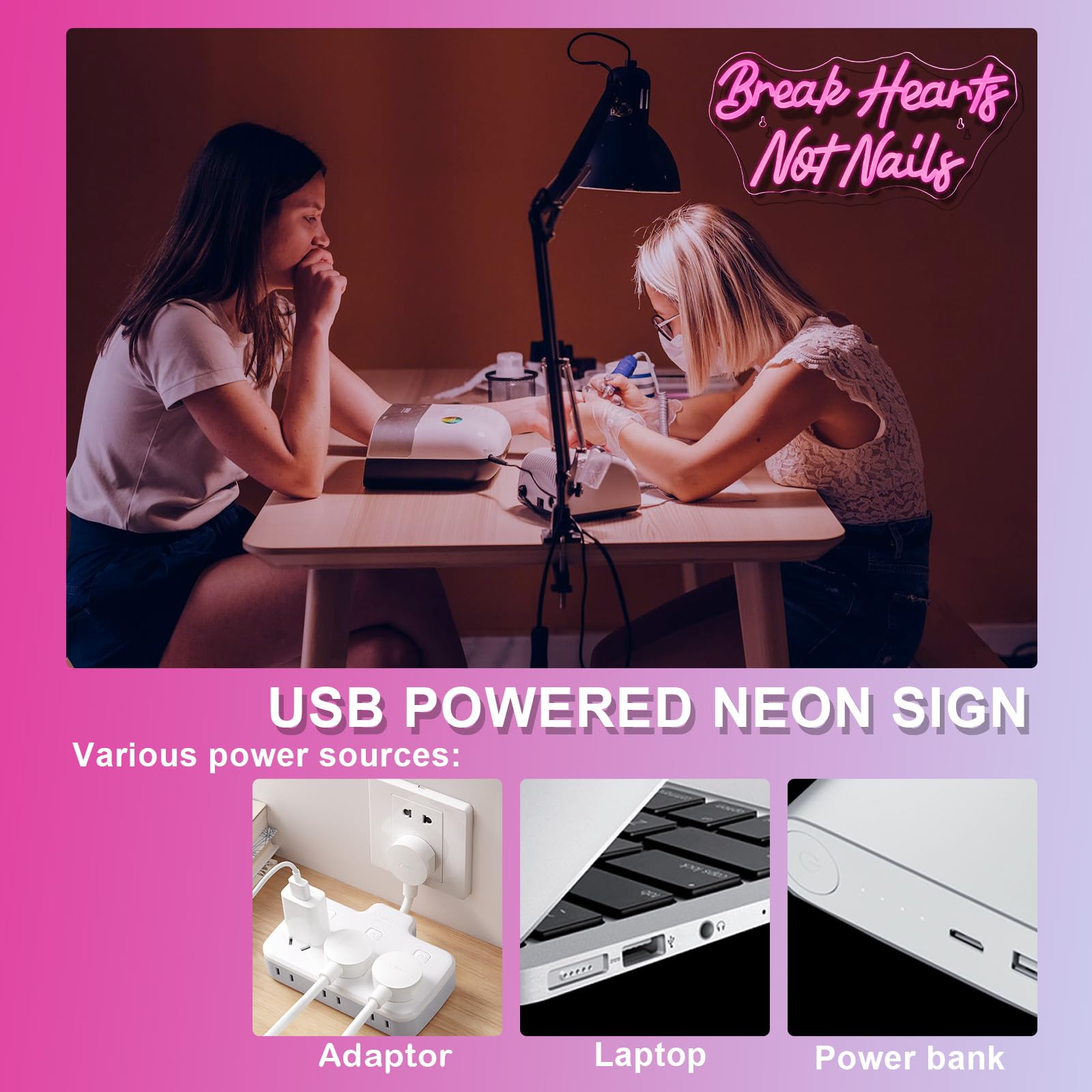 Neonowy znak "Break Heart Not Nails" do dekoracji ścian, neonowy jasnoróżowy neon LED do sypialni, paznokci, salonu, salonu piękności, sklepu, dekoracja, prezent