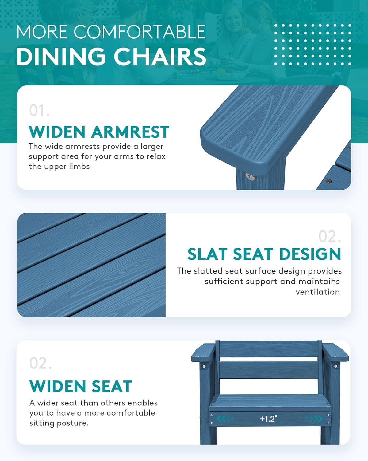 SERWALL Outdoor Dining Chairs Set of 2, All-Weather HDPE Patio Chairs, Blue