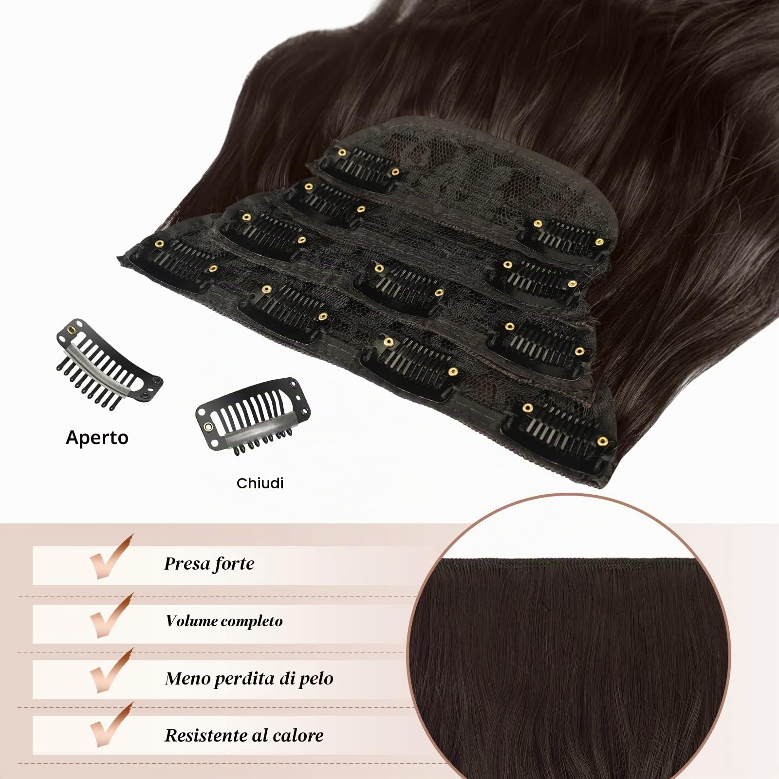 FESHFEN Extension Capelli a Clip - 4PCS Marrone Scuro Lunga Clip in Capelli Estensioni Clip Ondulati Sintetici Posticci Capelli per Donna 50 cm