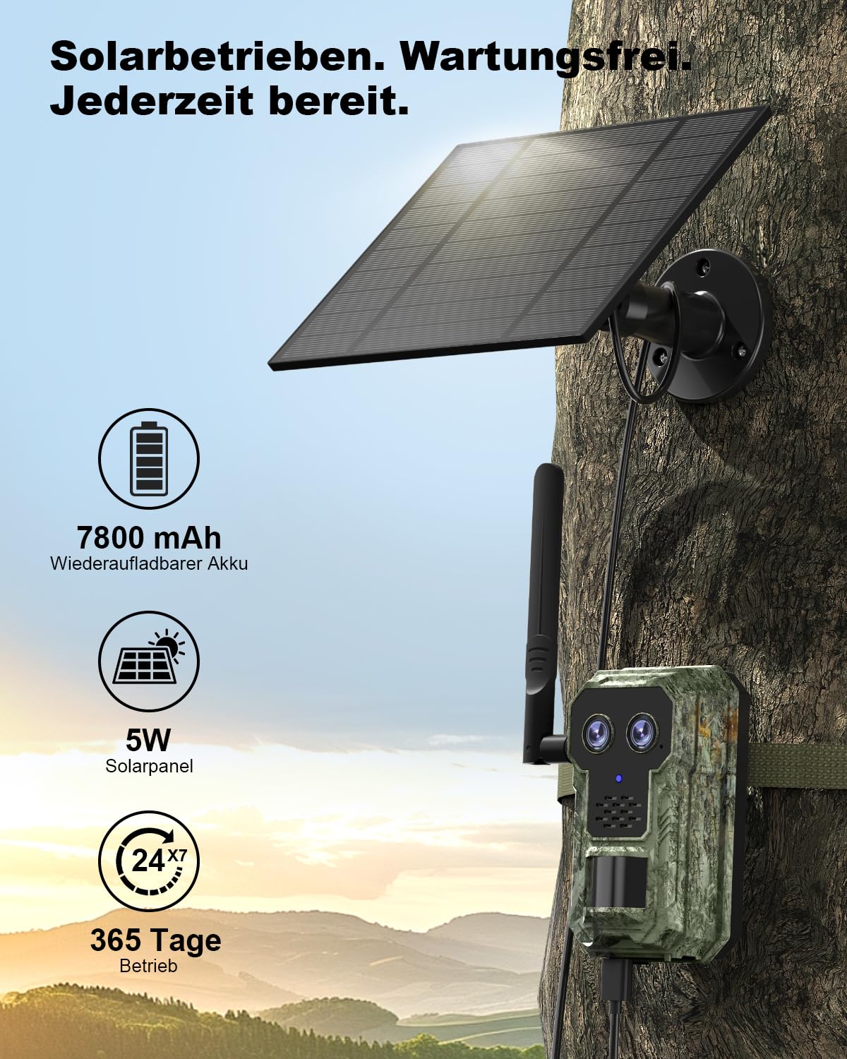 4G LTE Wildkamera mit Handyübertragung App 2.5K Solar Wildtierkamera mit eSIM Karte, Nachtsicht, Bewegungsmelder, Weitwinkel- und Teleobjektive, 7800mAh Akku, IP66 Wasserdicht