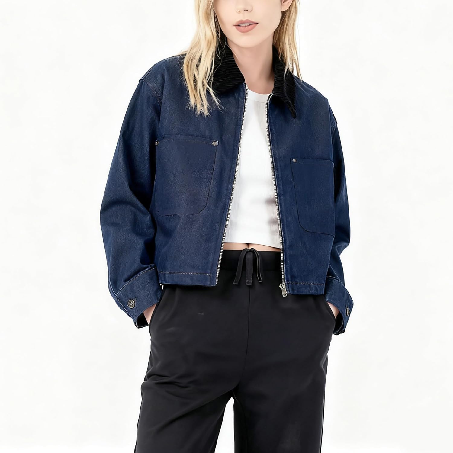 Womens Cropped Bomber Jacket Corduroy Collar Barn Coat Lightweight Utility Zip Up Cotton Canvas Workwear - Image 2