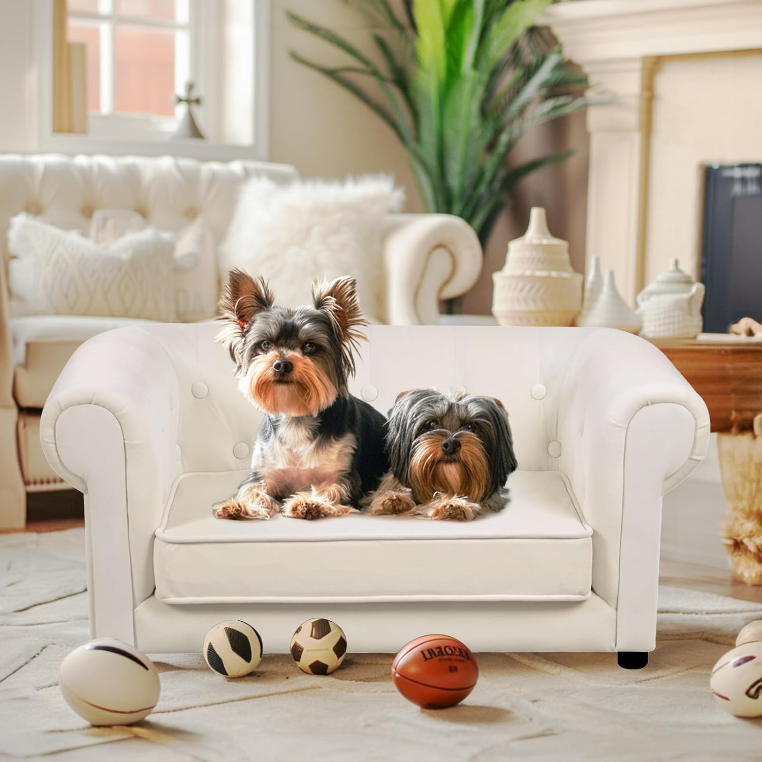 32'' Raised Dog Sofa, Elevated Pet Couch for Small and Medium Dogs and Cats with Soft Cushion, Removable Cover, Anti-Slip Pads, Beige