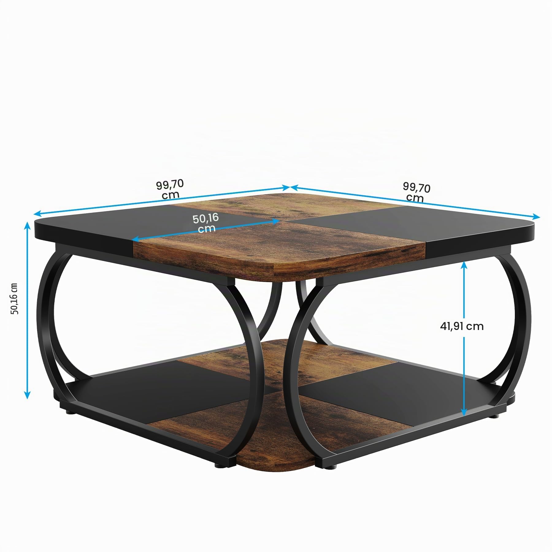 Tribesigns Table Basse Carrée pour Salon, 100 x 100 x 50 cm, Table de Salon Bois, Industriel Table Basse pour Salon, Marron Rustique & Noir