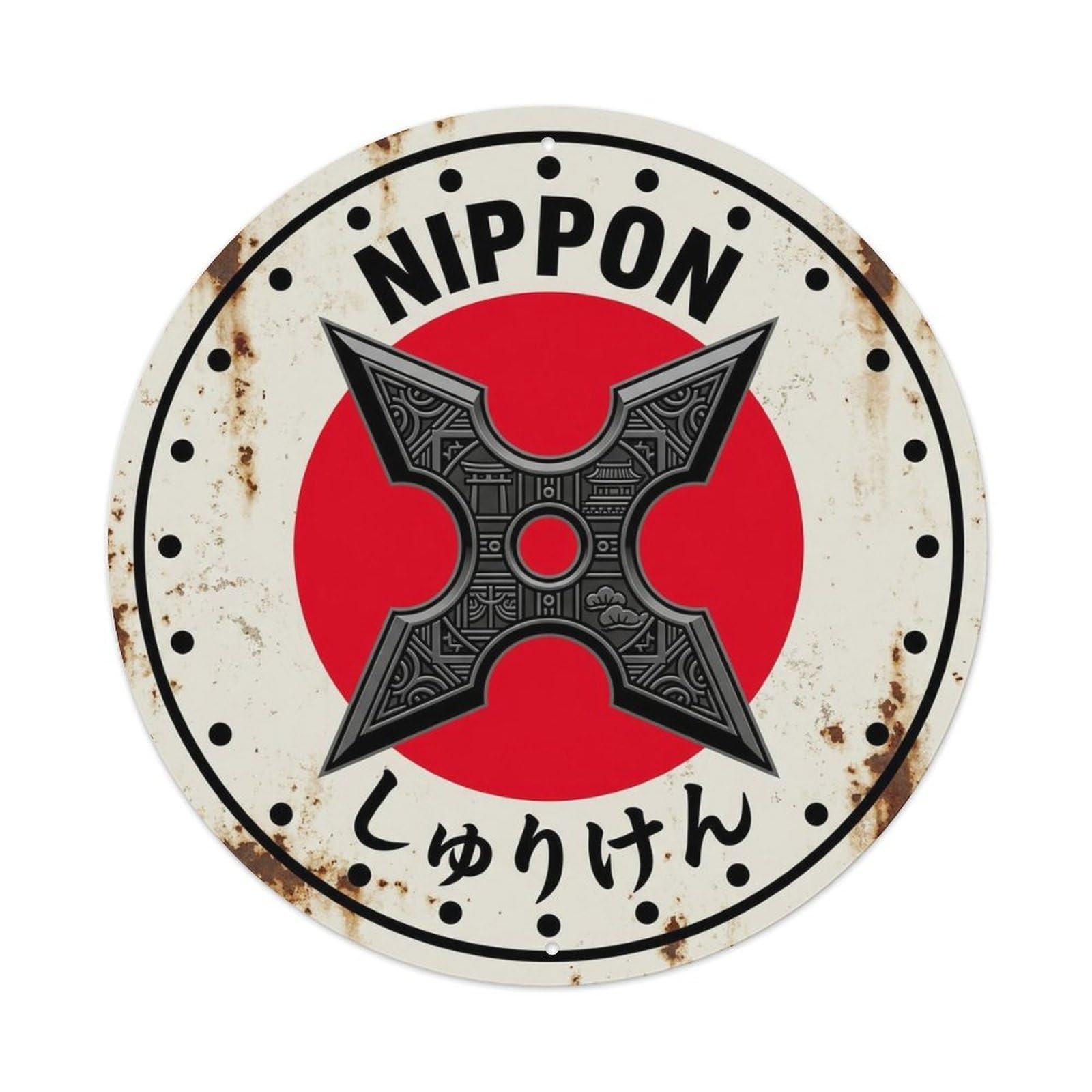 Shuriken Star Nippon Throwing Blade Rustic Market Label Metal Tin Sign Plaque Wall Decor for Cafe, Man Cave, Club Bar, Office, Home Garden Round Metal Poster 8x8Inch