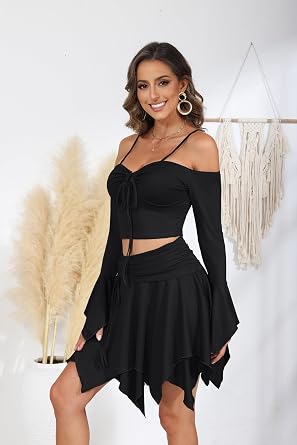 Ophestin Womens Y2K Fairy 2 Piece Skirt Set Off Shoulder Halloween Dress