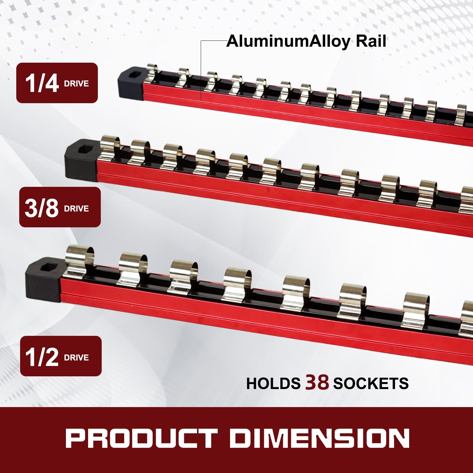 YSJOYTOOL 3-Piece Heavy-Duty Magnetic Socket Organizer Set, Aluminum Socket Rails with 39 Stainless Steel Clips for 1/2
