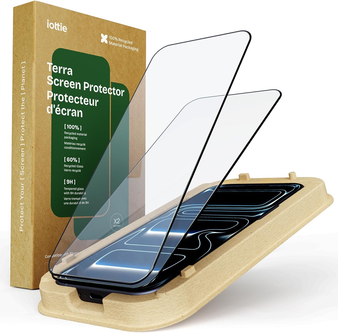 iOttie Terra Screen Protector for iPhone 17 Pro Max, 9H Hardness Tempered Glass, Eco-Friendly Reusable Alignment Tray, Includes 2 Screen Protectors