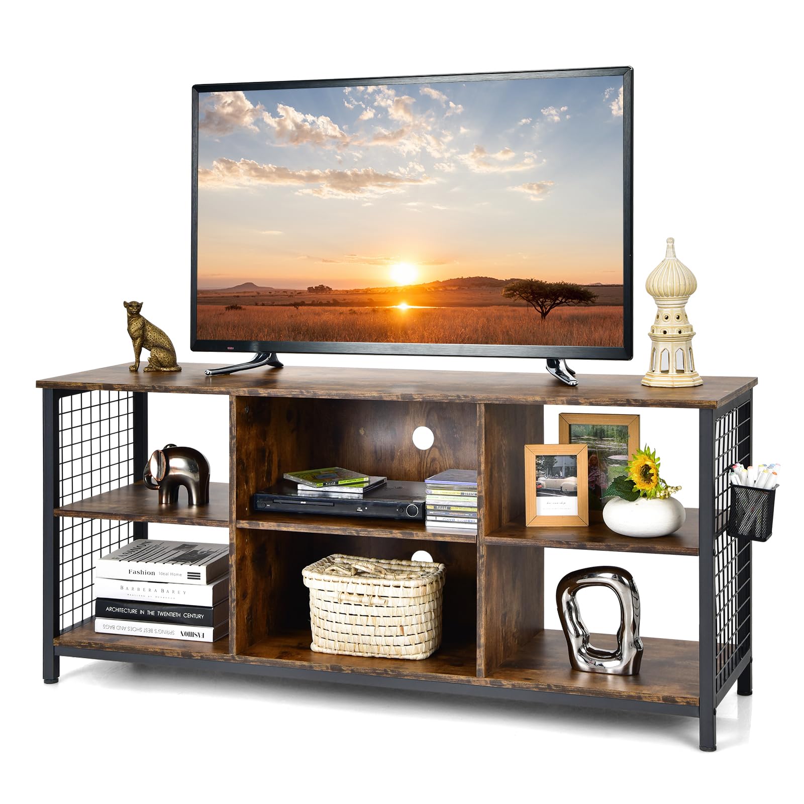 COSTWAY Mobile TV Industriale Fino a 65", Tavolo Multimediale a 3 Ripiani con Cesto Portaoggetti, Mobile TV in Legno con 2 Fori per La Gestione dei Cavi, 140 x 40 x 63 cm