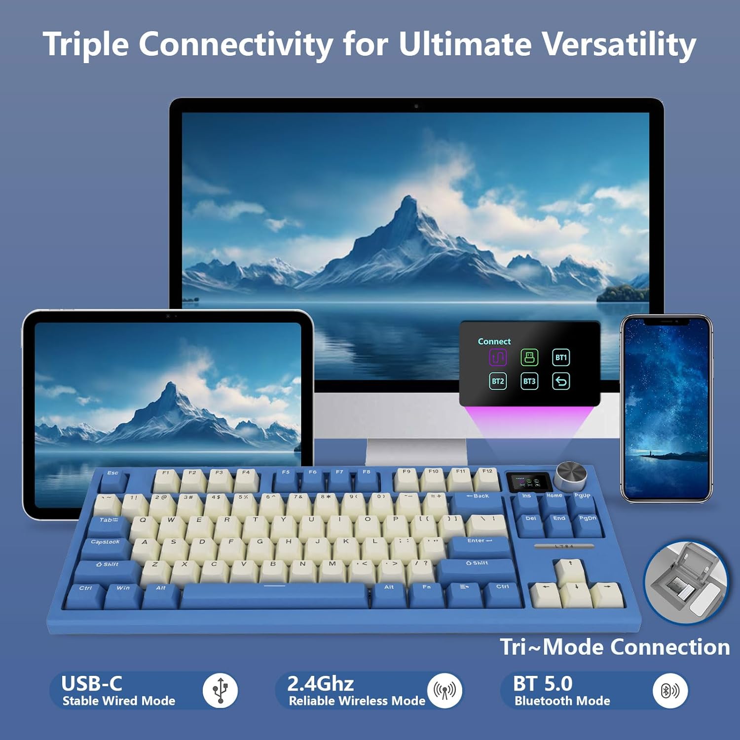 LT84 Wireless Mechanical Keyboard, Hot Swappable Gaming Keyboard with TFT Smart Display&Knob, Tri-Mode Bluetooth 5.0/2.4GHz/Type-C Wired Custom Keyboard Sea Air Switch(White-Blue)