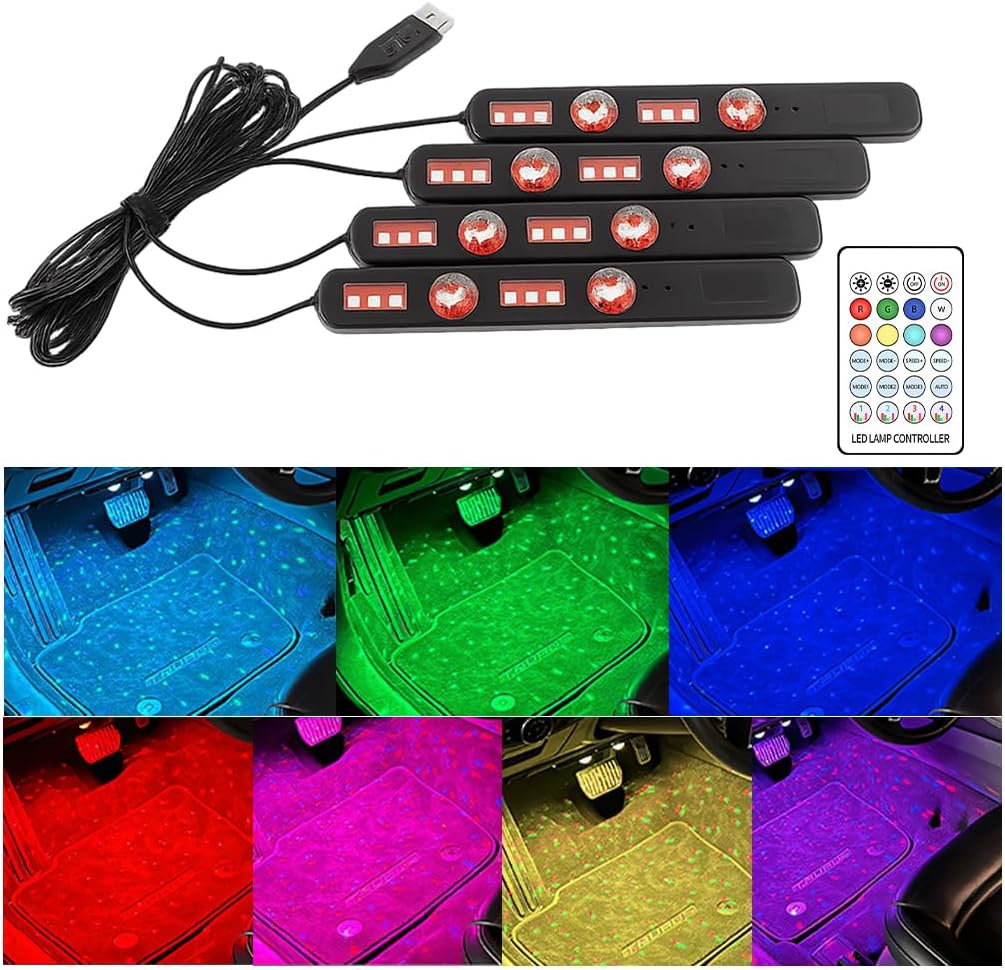 Car Interior LED Light, 4 in 1 RGB Vehicle Underdash Ambient Lighting Kit with Music Sync & APP/Remote Control, USB Port Auto Inside Footwell Decoration Lamp, Universal Fit