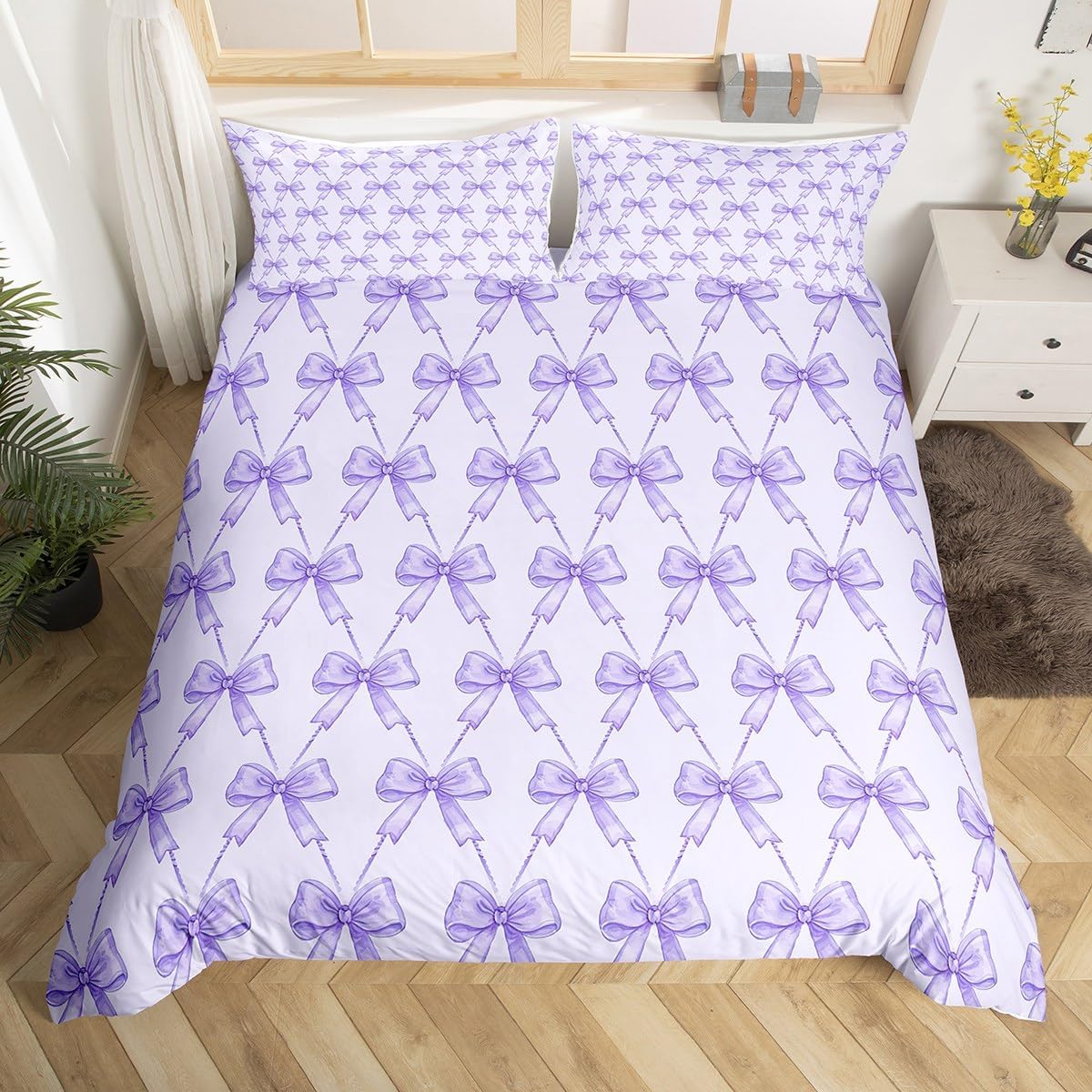 jejeloiu Cute Bow Duvet Cover Queen Size Purple Bowknot Bedding Set for Kids Boys Girls Kawaii Comforter Cover Breathable Soft Lightweight Microfiber Princess Bedroom Decor