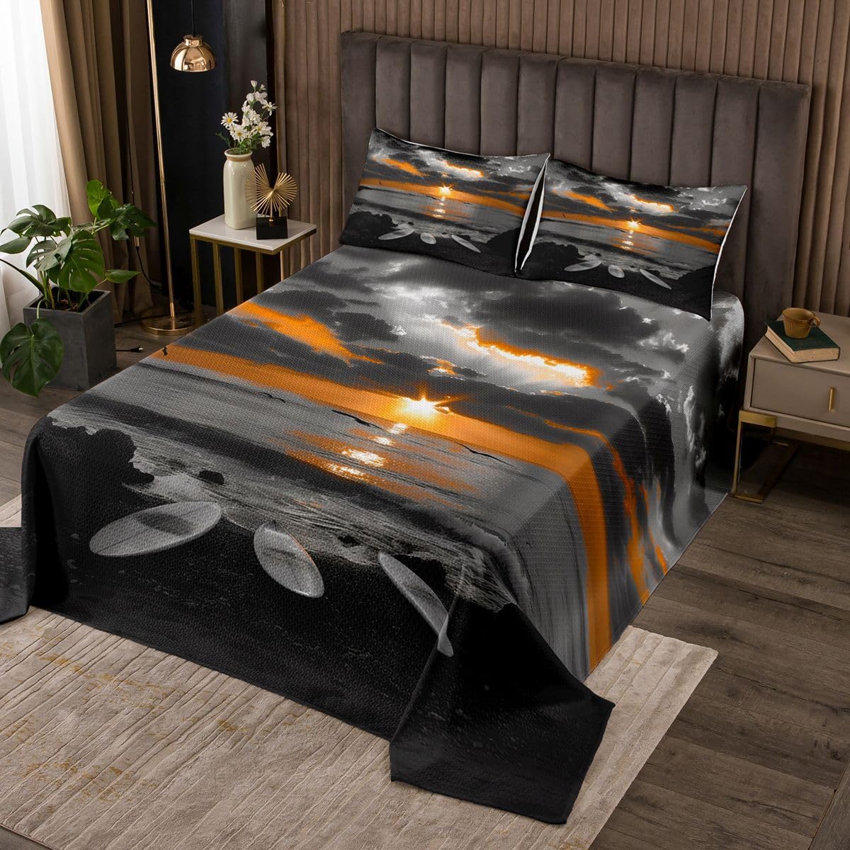 jejeloiu Beach Bedspread Quilts Coastal Ocean Coverlet Set Queen Size for Kids Boys Girls Sunrise Seascape Quilted Coverlet for All Season with 2 Pillowcases Microfiber