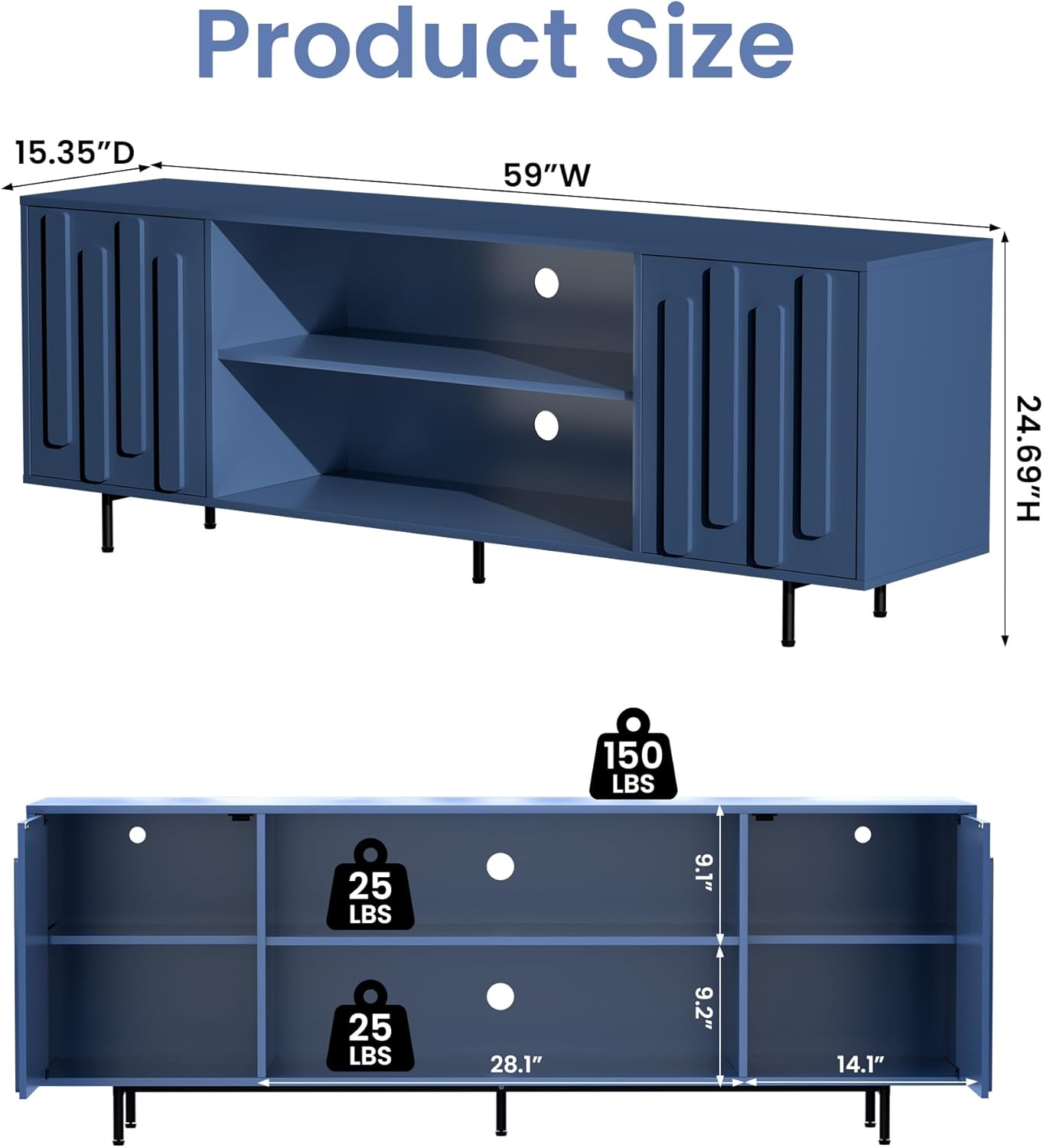 TV Stand for for Living Room, Mid-Century Modern TV Stands for 65" 60" 55" TVs, Fluted Entertainment Center with Storage Cabinet & Open Shelf, Wood TV Media Console Table, Blue