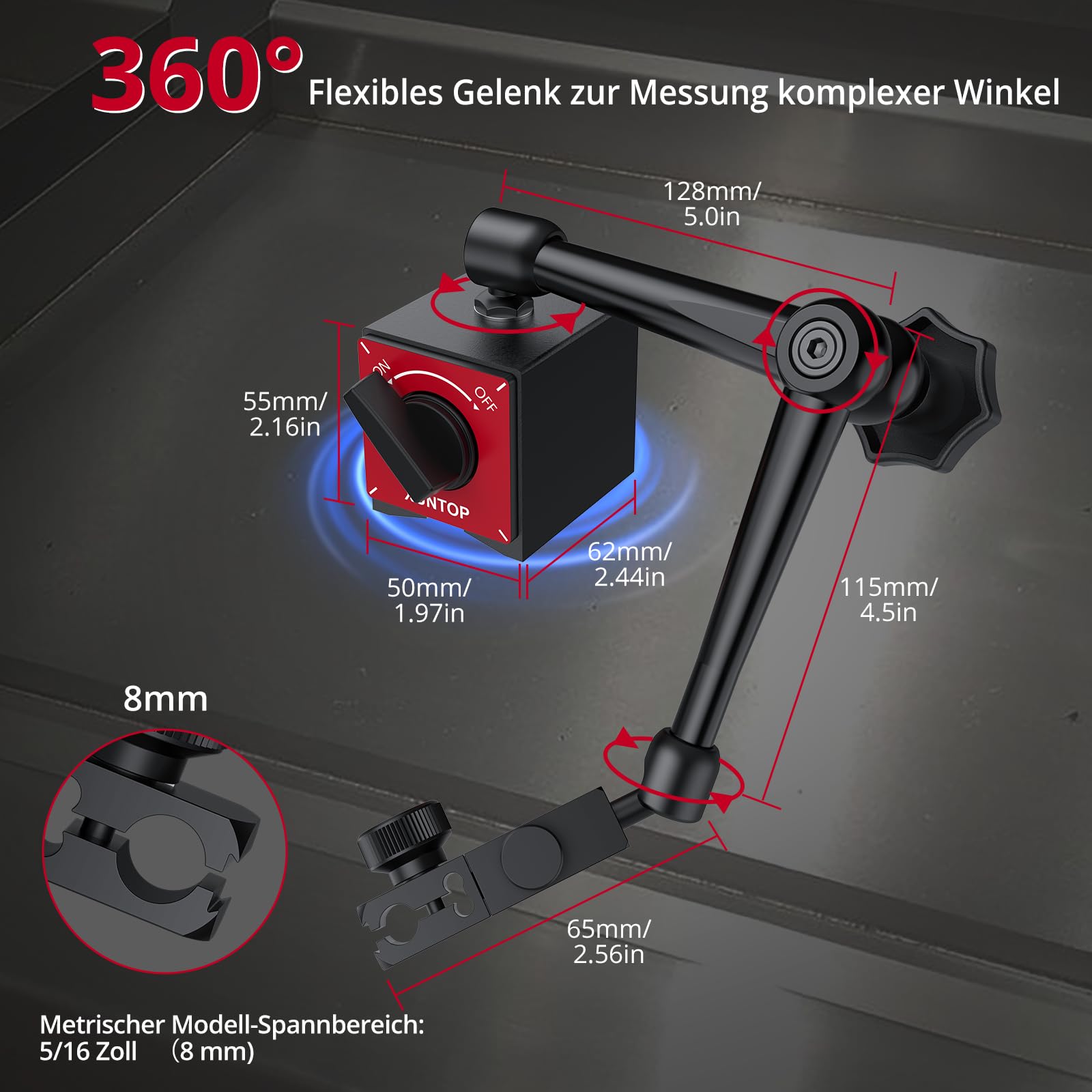 XUNTOP Digitale Messuhr Set 0–1 Zoll/25,4 mm mit Magnetfuß 176lbs (80 kg) Präzise digitale Messuhr Einheitenumrechnung Nullstellungsfunktion, LCD-Anzeige für Werkstatt & Maschinenjustierung
